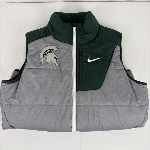 Nike Michigan State Spartans Puffer Vest Mens Full Zip Gray‎ Green Size Small